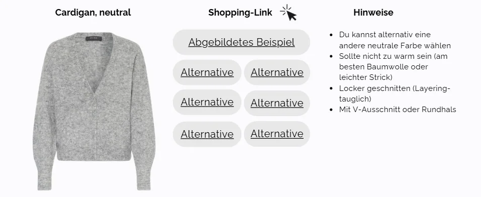 Alternative Links zu den einzelnen Kleidungsstücken