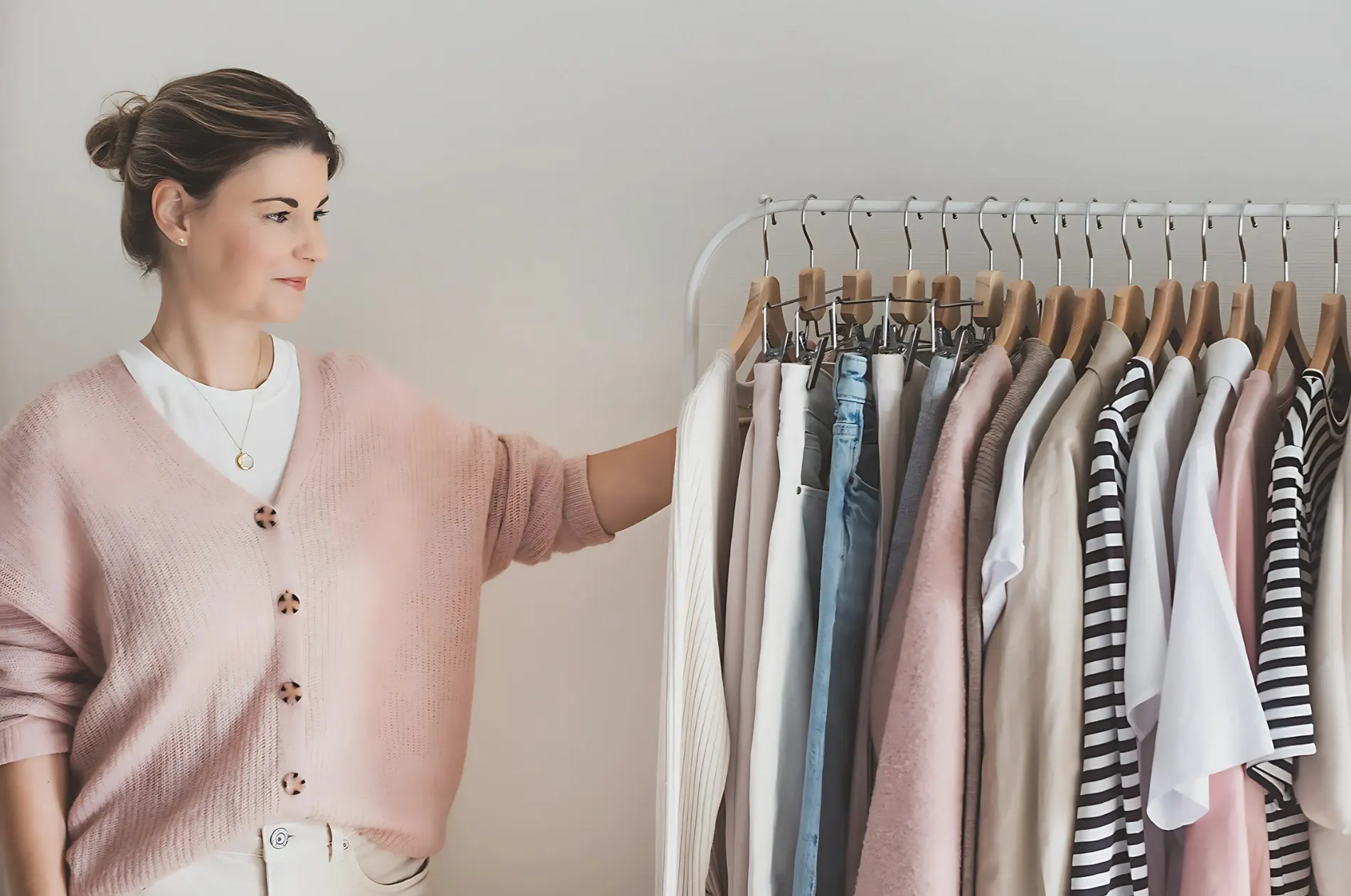 Dagmar Schäfer steht neben einer Capsule Wardrobe Dagmar Schäfer steht neben einer Capsule Wardrobe