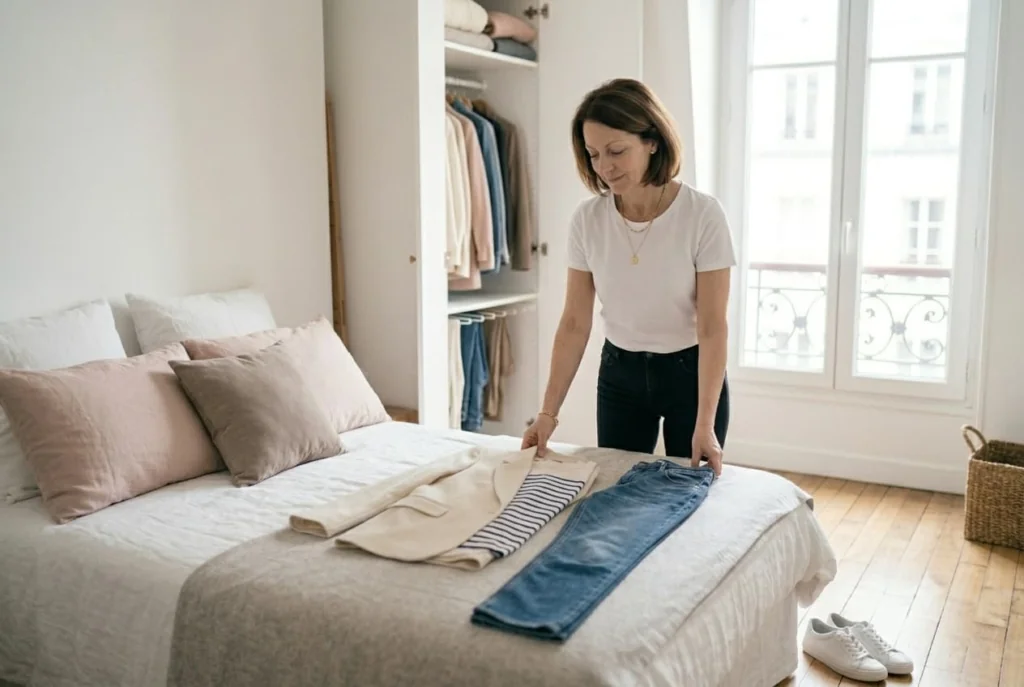 Frau neben Bett kombiniert Outfit