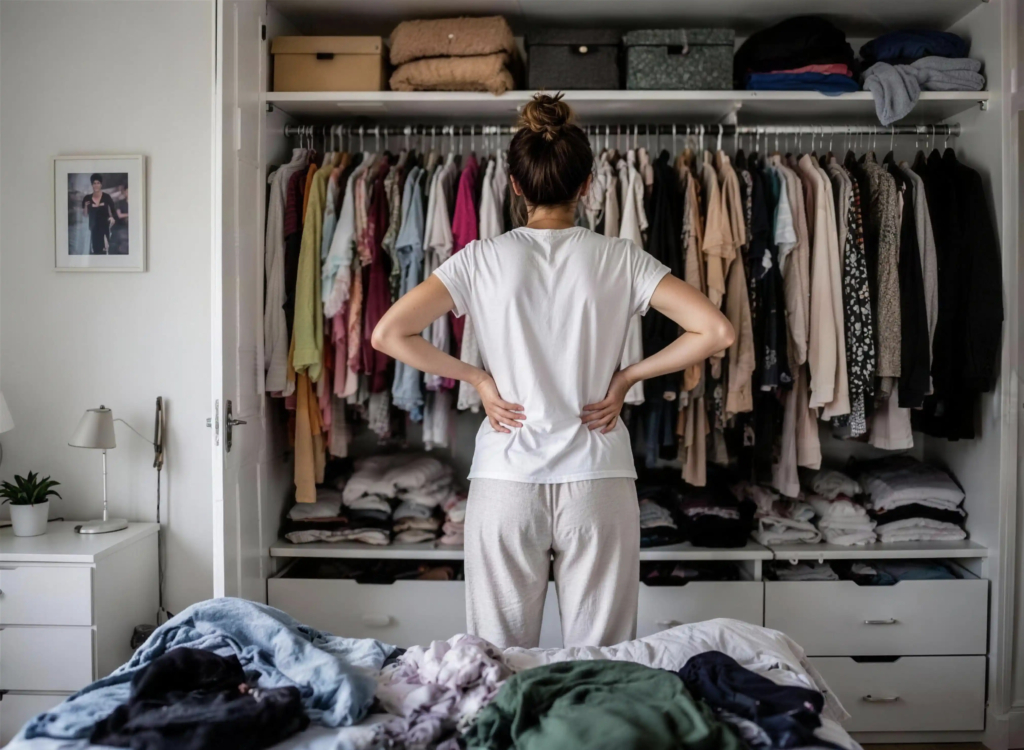 Frau steht vor Kleiderschrank.