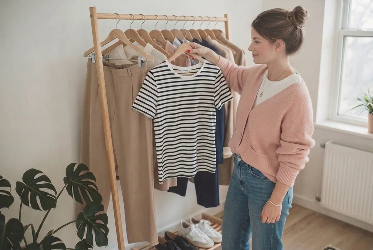 Frau nimmt ein gestreiftes Shirt von der Kleiderstange ihrer Capsule Wardrobe