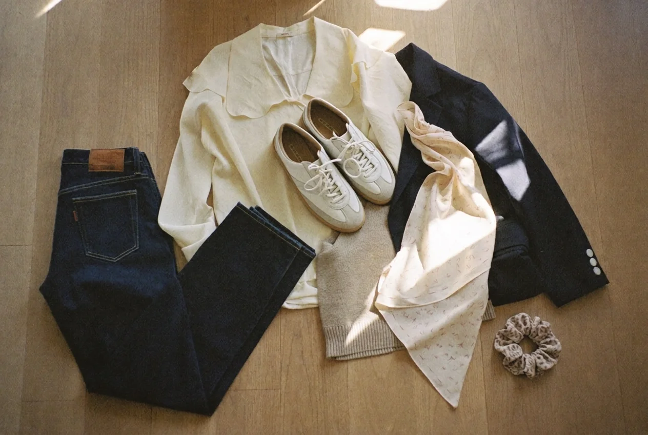 Flatlay einer Capsule Wardrobe Auswahl mit Jeans, Bluse, Blazer, Strickpullover, Sneakern, Seidentuch und Scrunchie