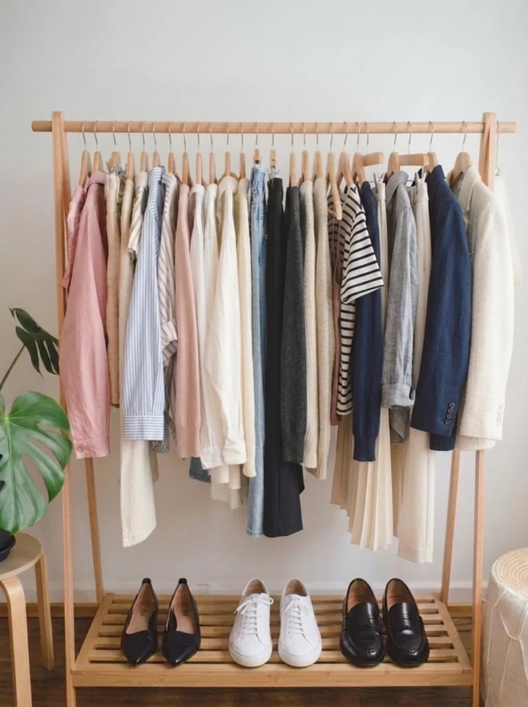 Capsule Wardrobe Grundausstattung an einer Kleiderstange